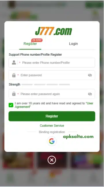 j777 game apk registration page - how to register
